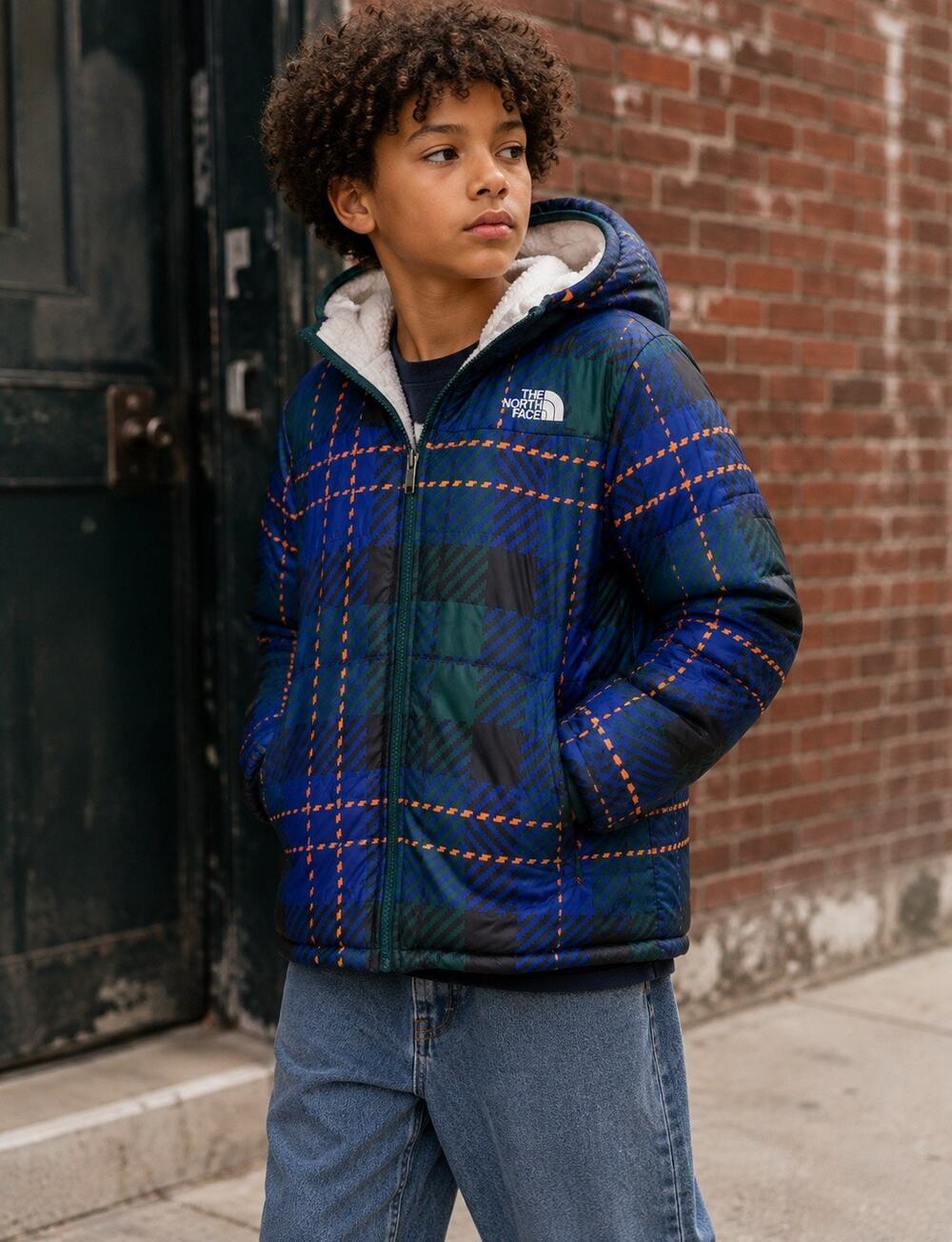 The North Face Kids XL Plaid Sherpa Lined Hooded Jacket Blue Green Orange